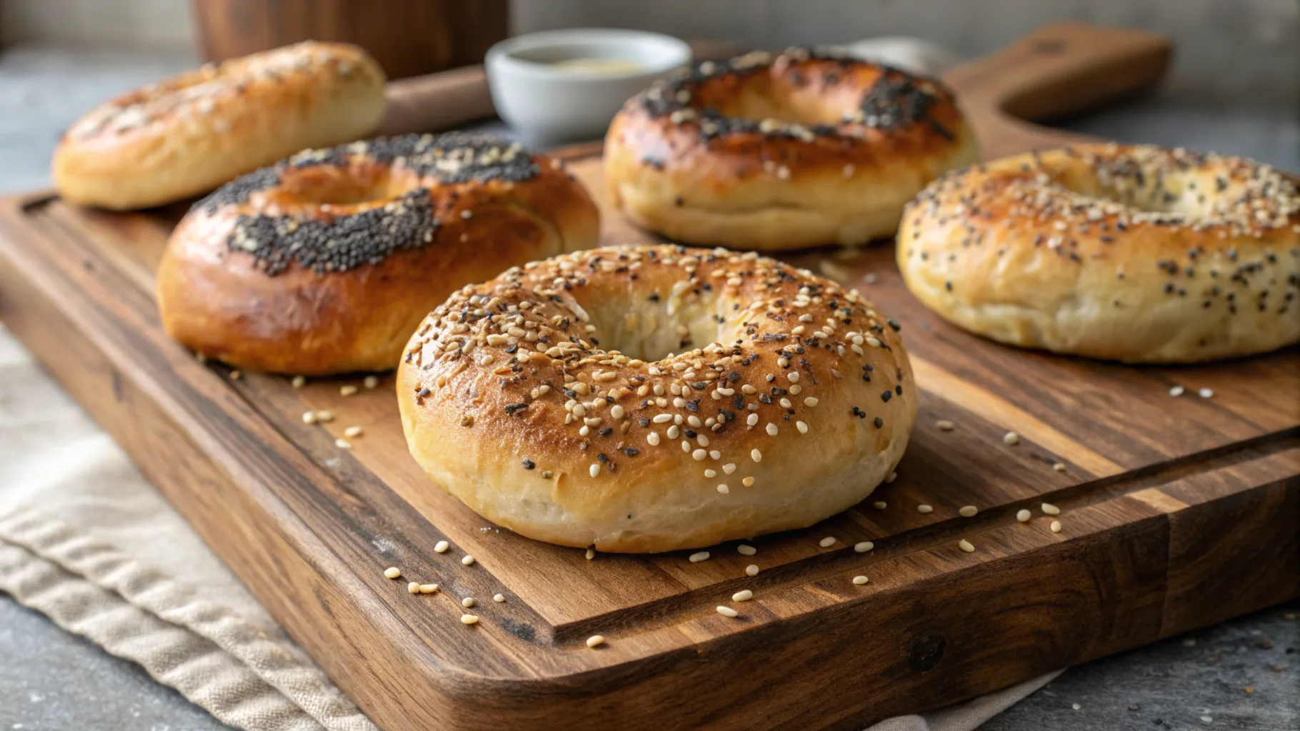 Golden brown sourdough bagels topped with sesame and poppy seeds, displayed on a rustic wooden board