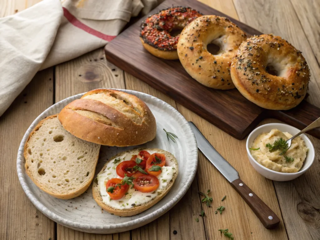 Sourdough bread and regular bagels side by side on a rustic wooden table, beautifully plated with spreads and toppings.