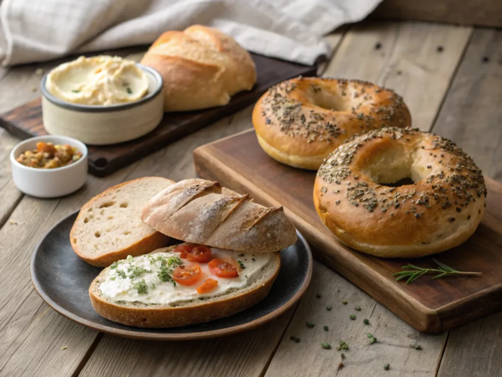 Sourdough bread and regular bagels side by side on a rustic wooden table, beautifully plated with spreads and toppings.