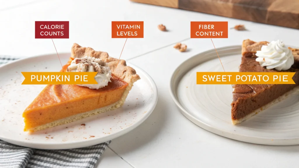 split-screen image of two pie slices, pumpkin pie on one side and sweet potato pie on the other, with vibrant annotations showing calorie counts, vitamin levels, and fiber content, sleek infographic style, modern minimalism, bright and clean color palette