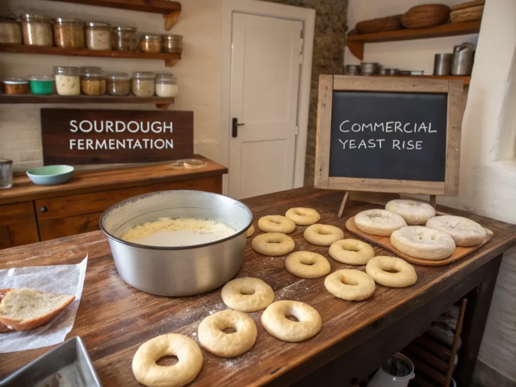 Step-by-step preparation of sourdough and regular bagels in a rustic kitchen. Dough being shaped into rings, boiled in a pot, and baked to golden perfection. A small chalkboard explains 'sourdough fermentation' and 'commercial yeast rise' differences.