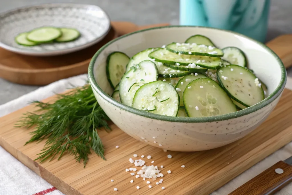 Sliced cucumbers ready to be dressed.