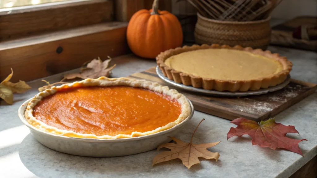  two elegant pies placed side by side, one filled with vibrant orange pumpkin puree, the other with creamy sweet potato filling, rustic kitchen background, autumn leaves scattered, warm natural light, soft earthy tones