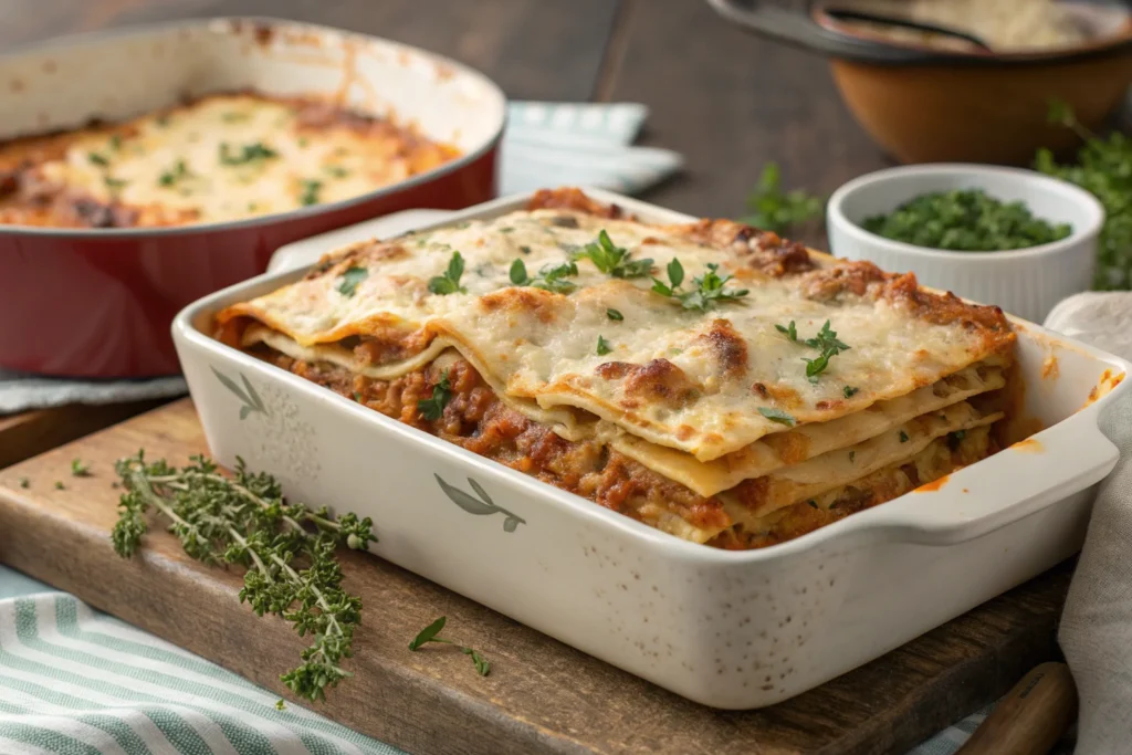 Rice paper lasagna with melted cheese and fresh herbs.