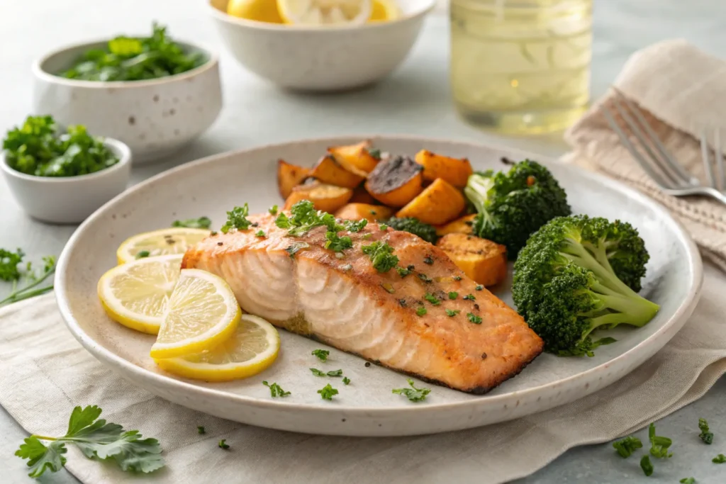 Plated baked salmon with sides.