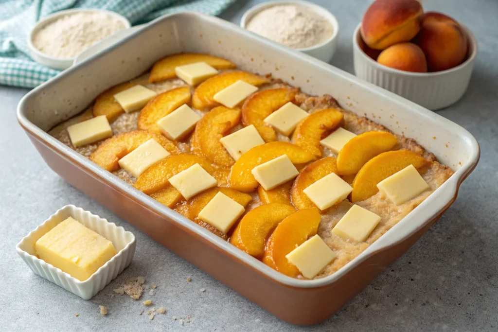 Preparing peach_cobbler layers in a baking dish.