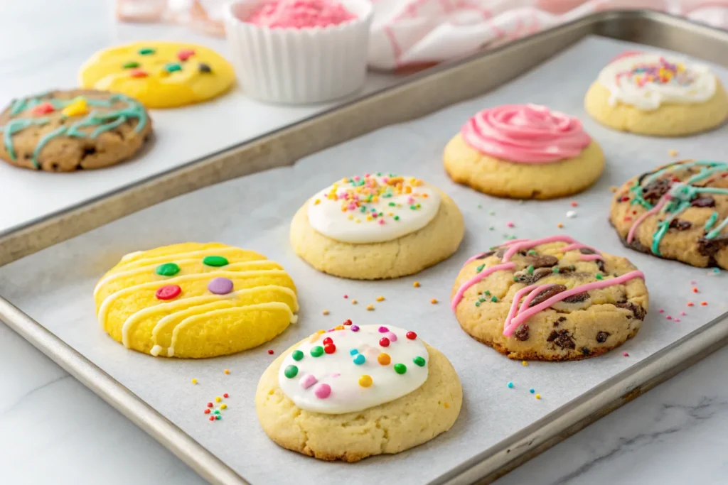 Baking tray of assorted Crumbl_cookie flavors. Baking tray of assorted Crumbl cookie flavors.