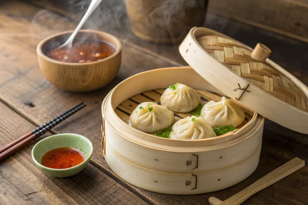 Vegetarian soup dumplings in a bamboo steamer.