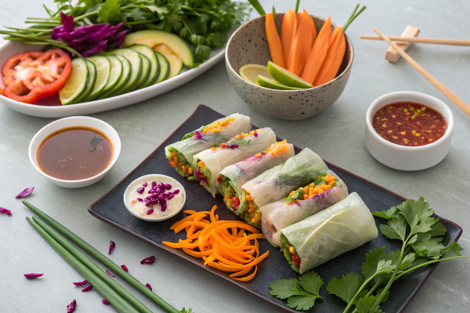 Fresh Vietnamese spring rolls with dipping sauces on a plate.