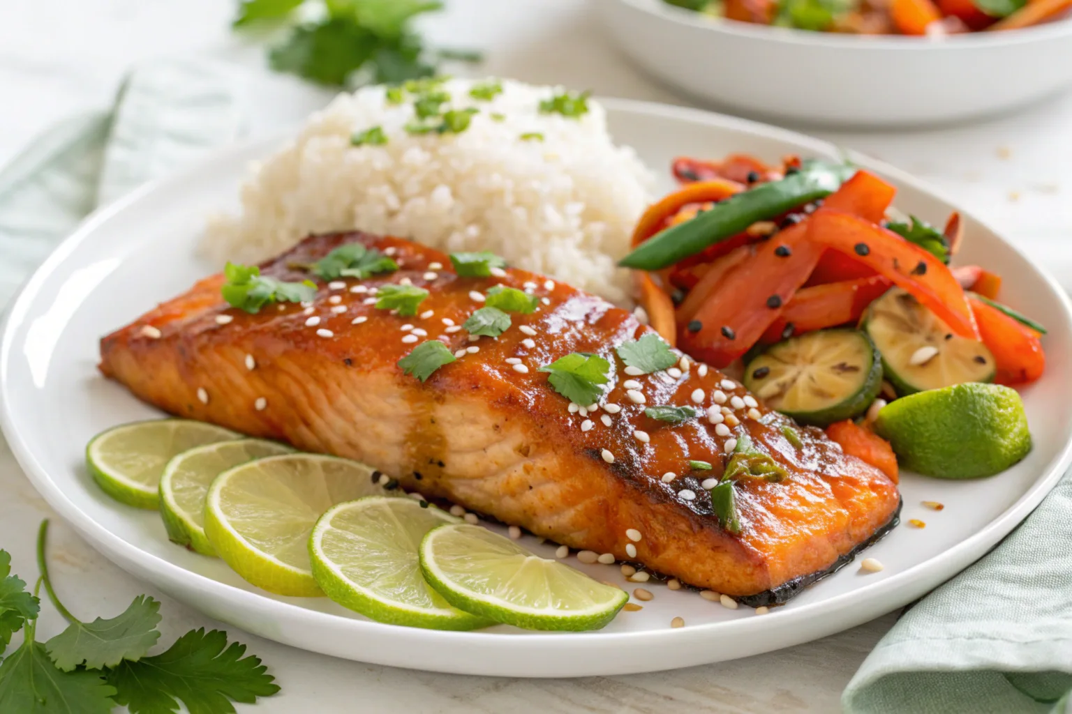 Baked Sweet Chili Salmon plated with sides.