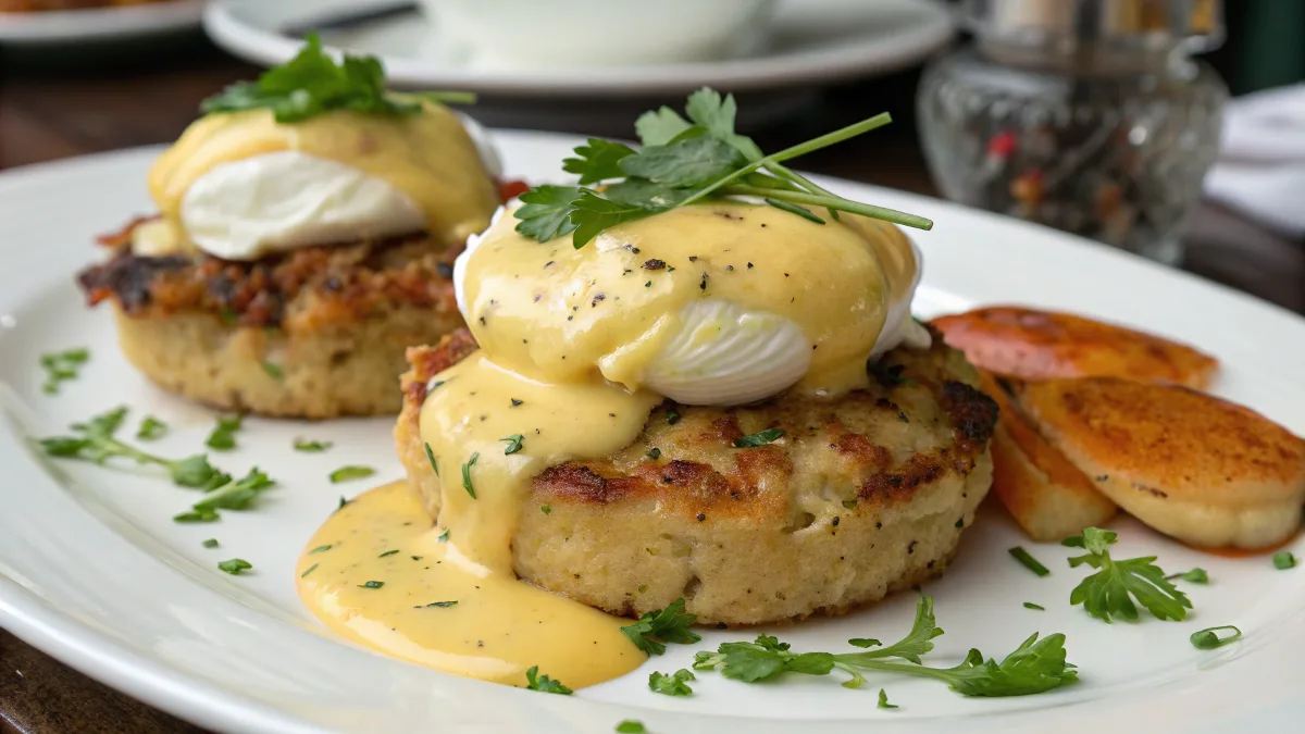 Crab Cake Eggs Benedict plated beautifully