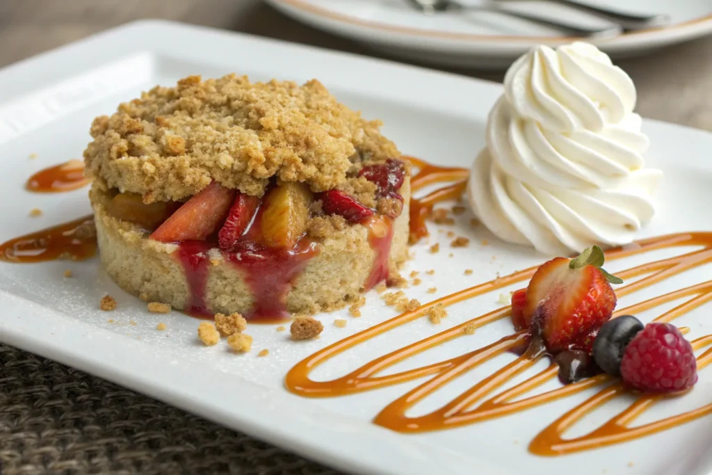 Crumble dessert served with caramel and whipped cream.