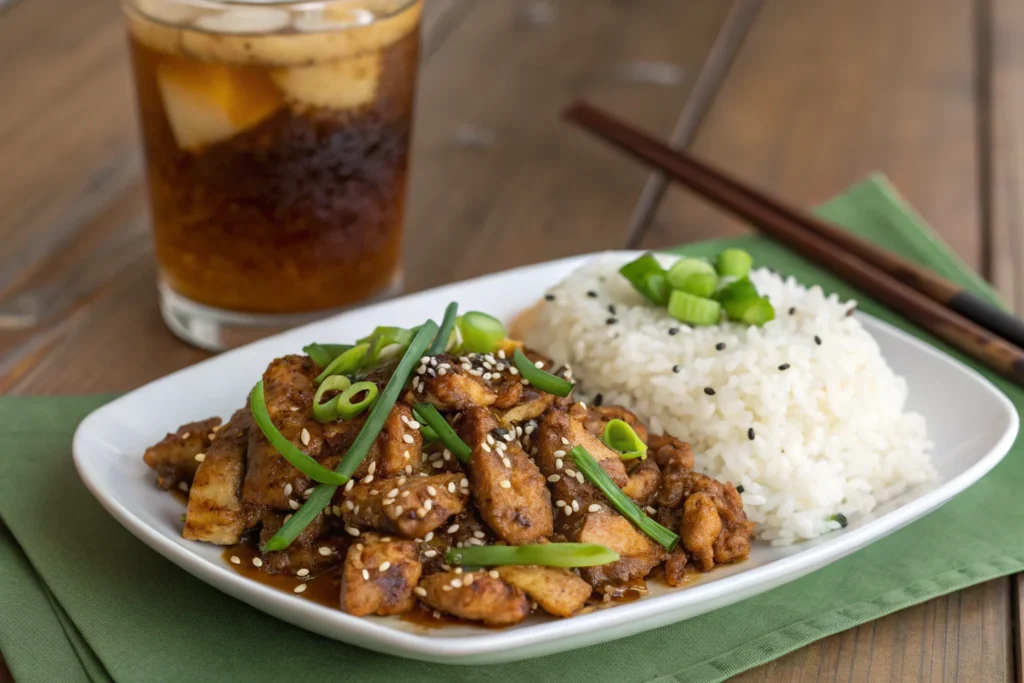 Black_Pepper_Chicken plated with rice and garnishes, served with iced tea.