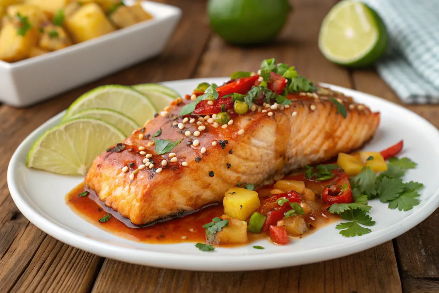 Pineapple Sweet Chili Salmon on a plate.