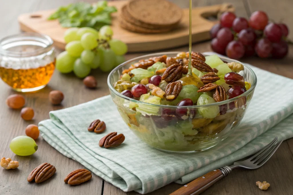 A bowl of grape salad topped with pecans and honey.