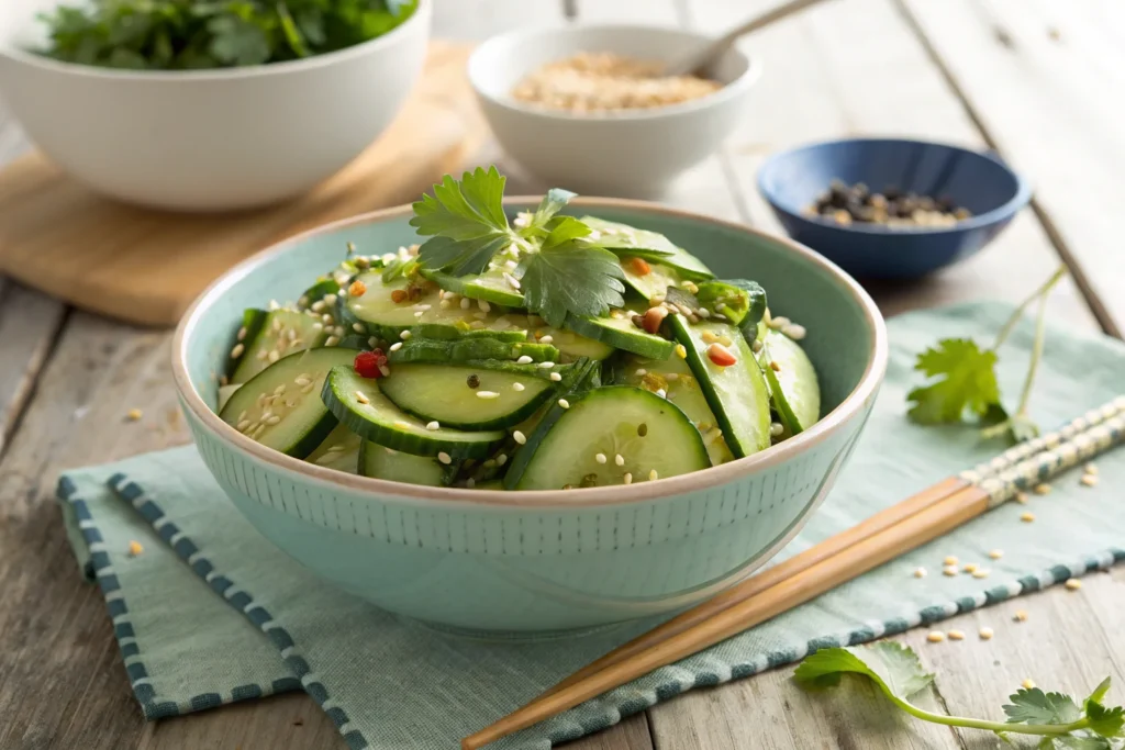 Crunchy Asian cucumber salad in a bowl.