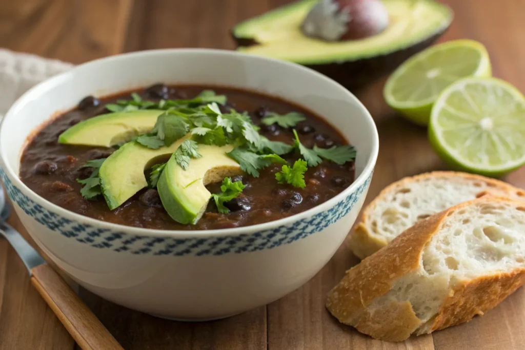 Black bean soup with garnishes and bread on the side.