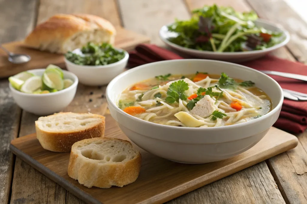 Chicken noodle soup served with bread.