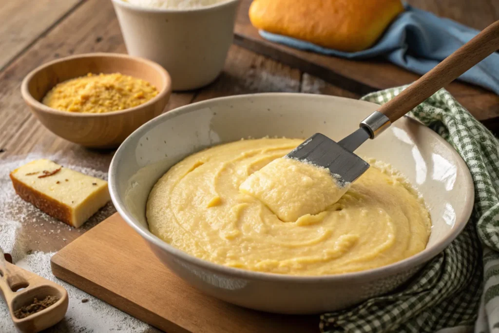 Cornbread batter mixed for a smooth texture.