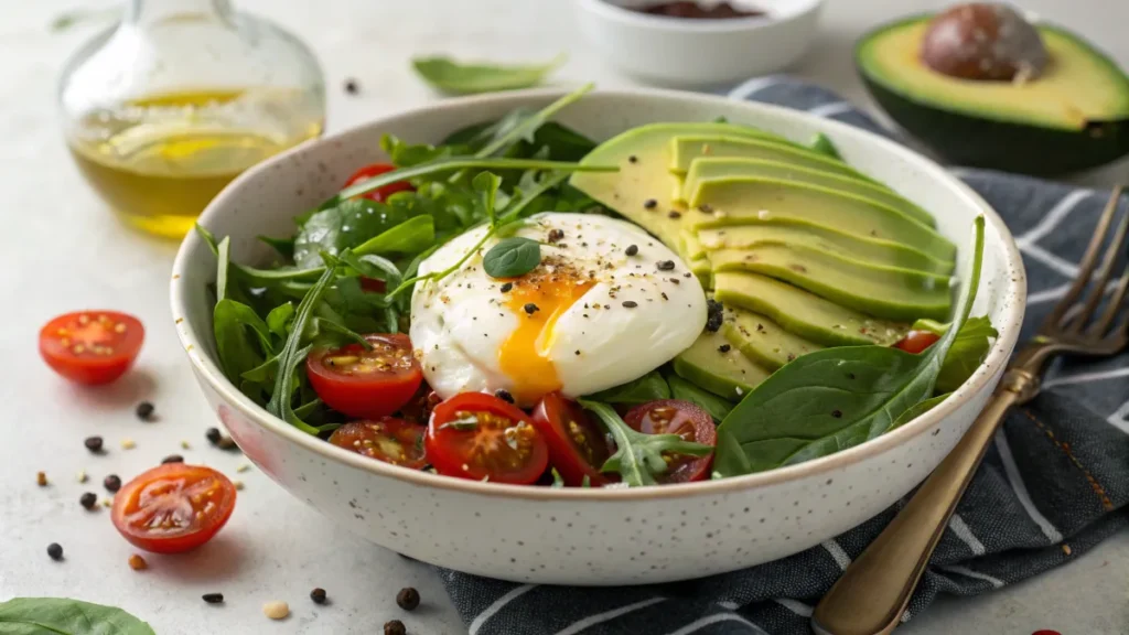 Poached egg on a bed of greens.