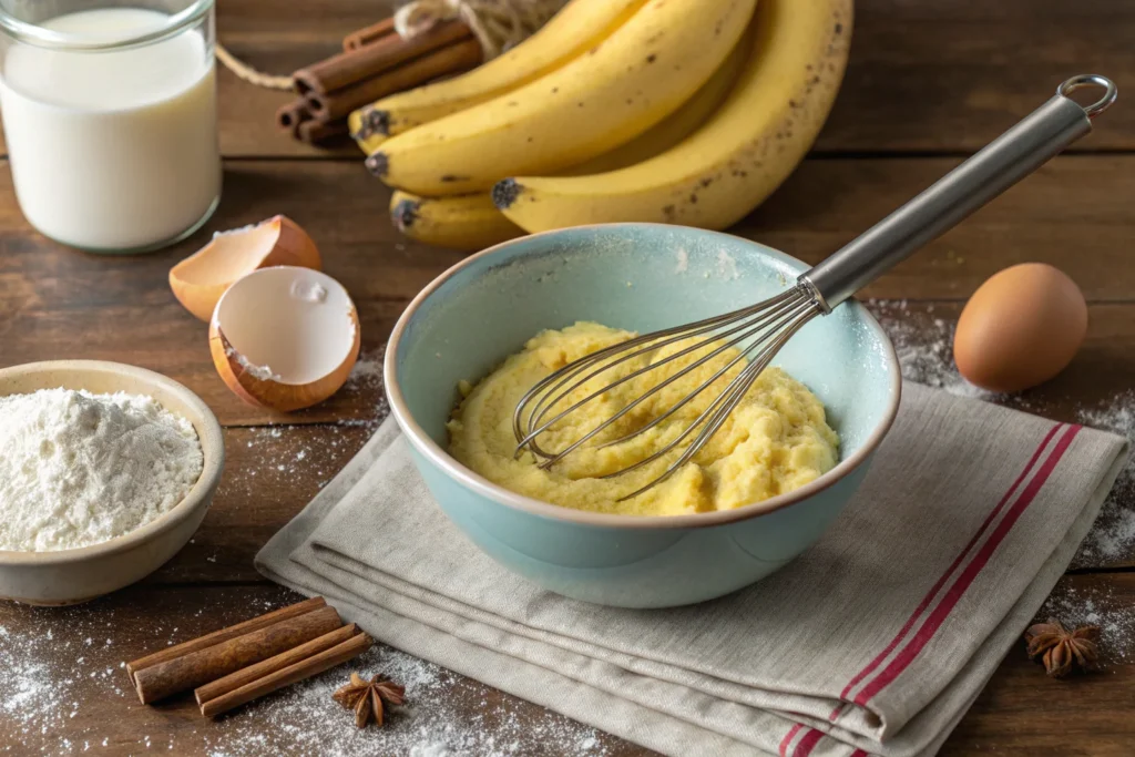 Mixing banana waffle batter ingredients.