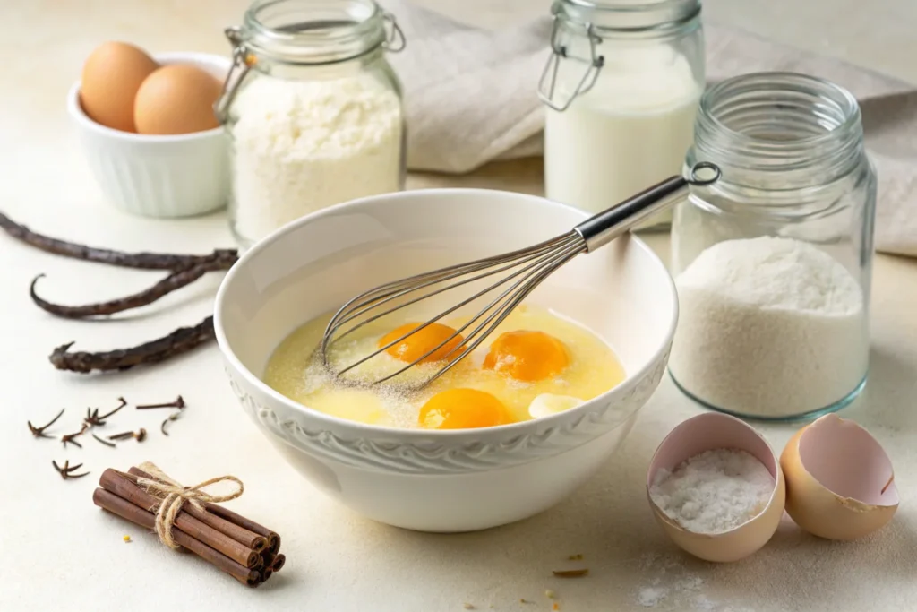 Preparing custard with milk for crème brûlée.