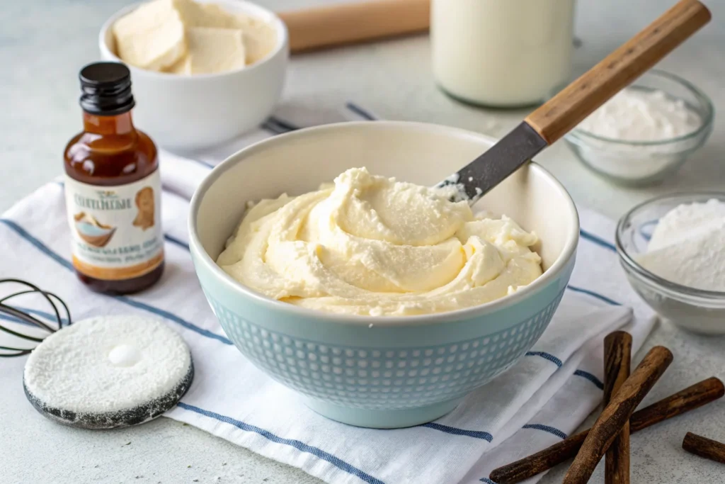 Creamy dressing being mixed in a bowl.