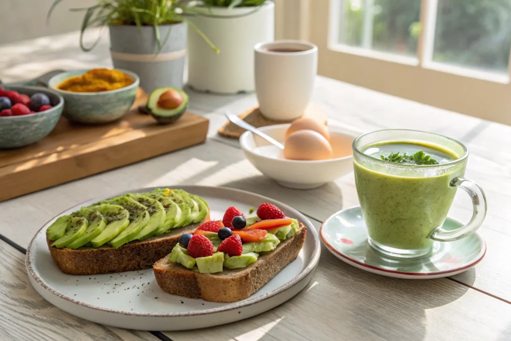 A breakfast spread featuring avocado-toast, a smoothie, and green tea.