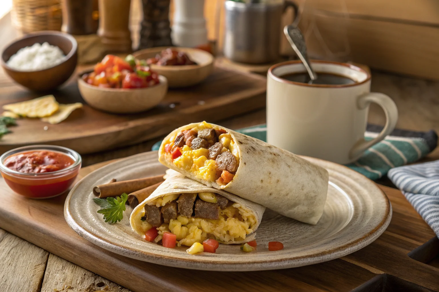 Fresh breakfast burrito cut in half, showing layers of eggs, bacon, cheese, and potatoes with salsa and coffee on the side.