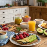 Healthy breakfast spread with fresh fruits, toast, and smoothies.