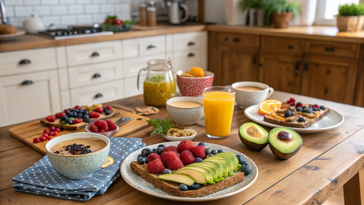 Healthy breakfast spread with fresh fruits, toast, and smoothies.