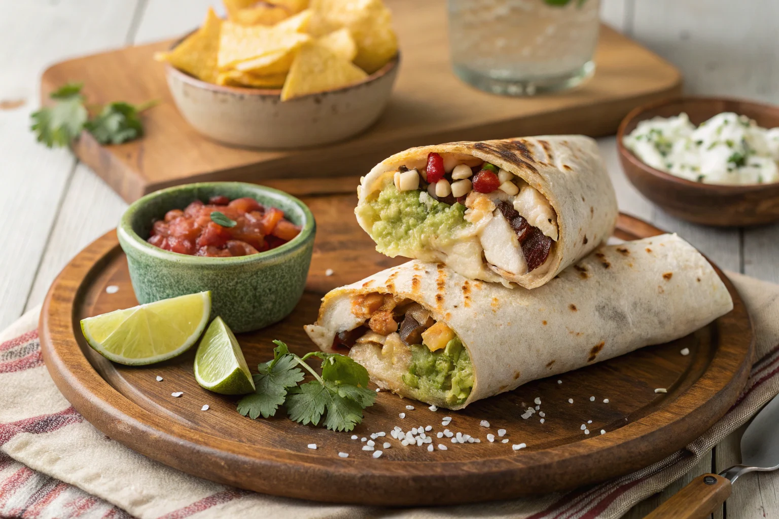 A chicken burrito on a wooden plate with toppings.