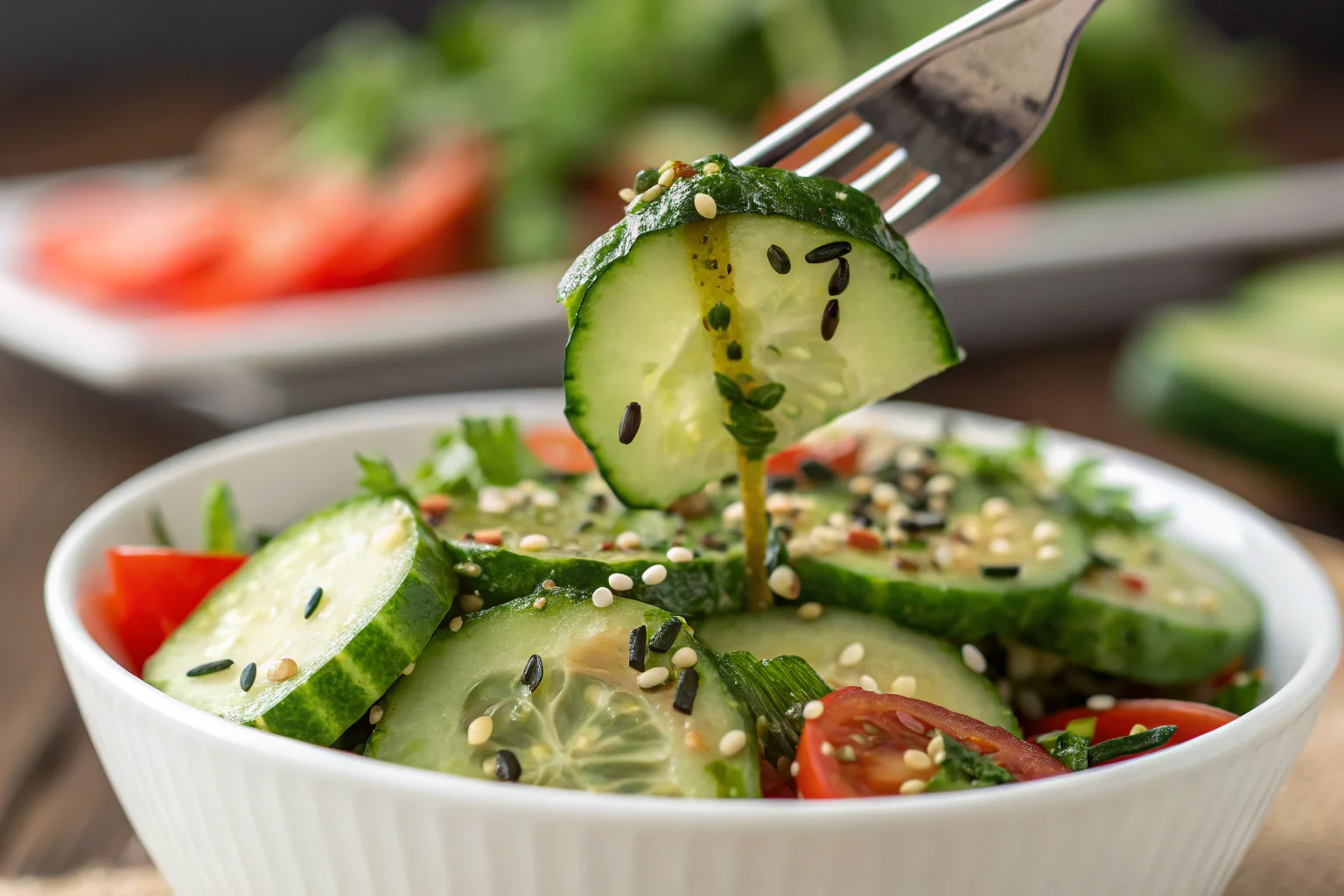 Close-up of cucumber salad bite.