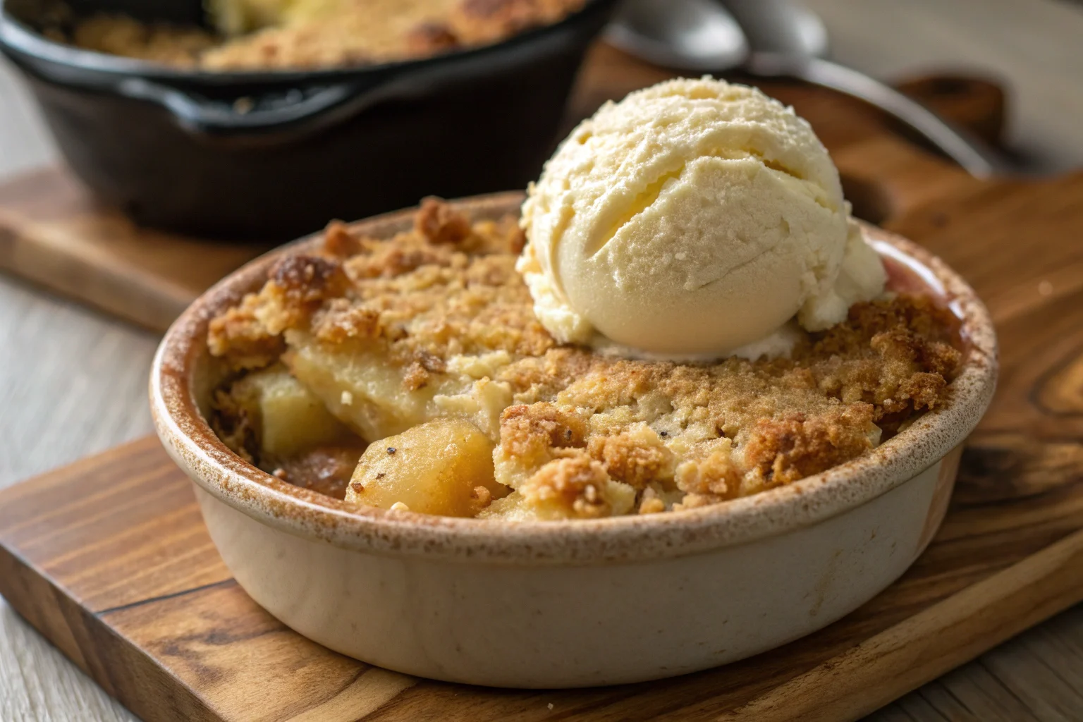 Freshly baked apple crumble with ice cream.