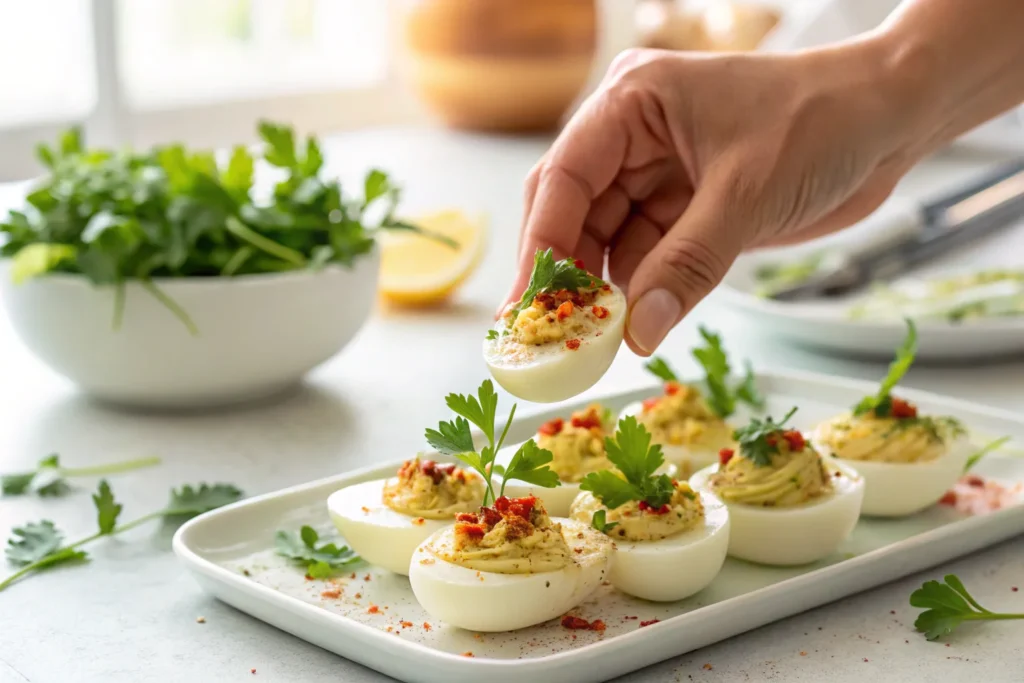 Garnishing deviled eggs with herbs.