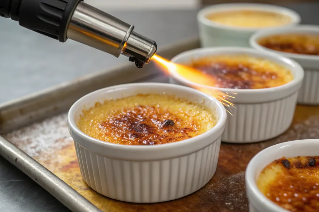 Caramelizing sugar for crème brûlée topping.