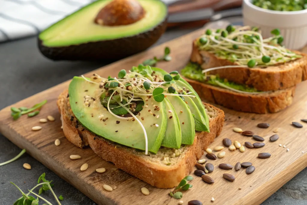 A ripe avocado with toast and healthy_toppings like seeds and greens.