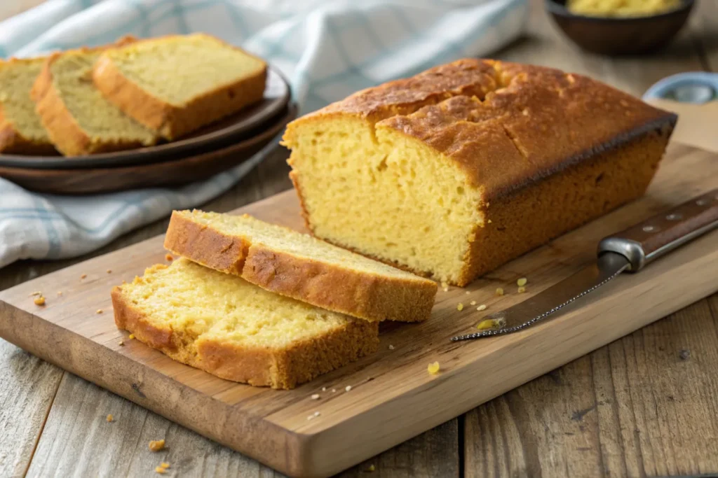 Close-up of Southern cornbread with a dense texture.