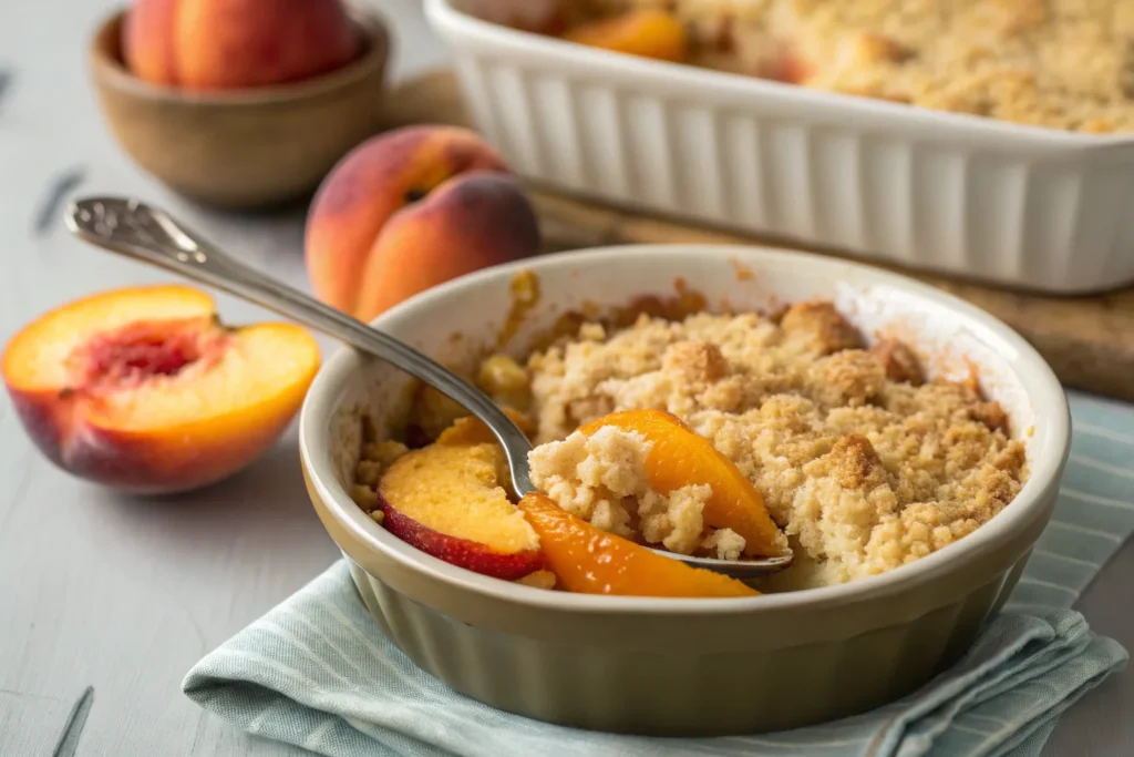 A freshly baked peach crumble with a golden topping