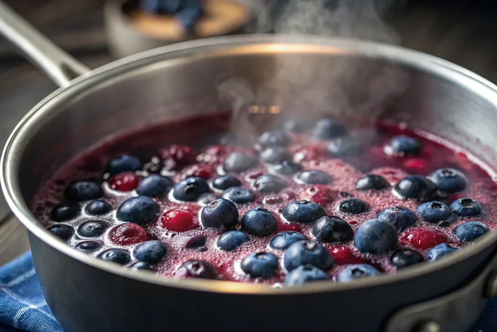 Blueberries cooking in a saucepan.