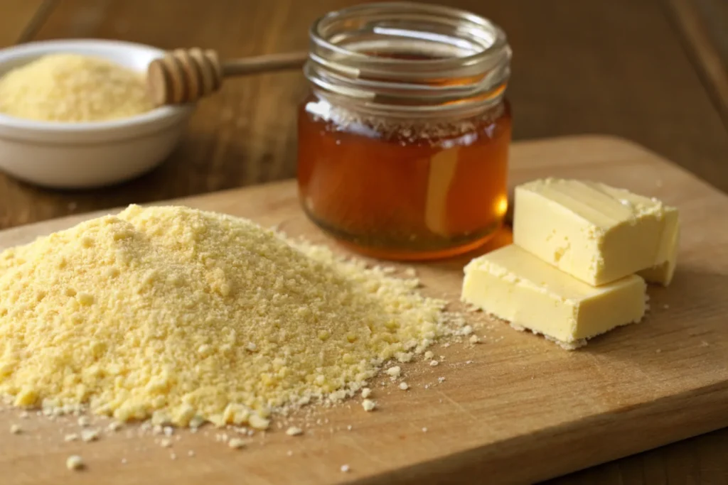 Stone-ground cornmeal, butter, and honey for cornbread.