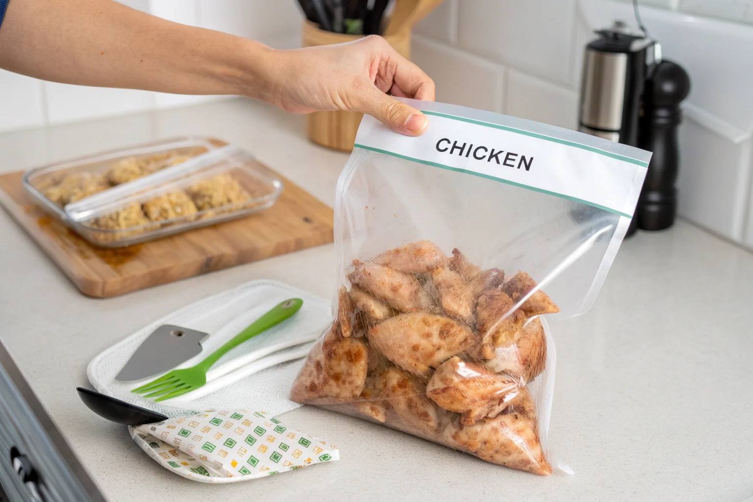 Freezing cooked chicken in a sealed bag.