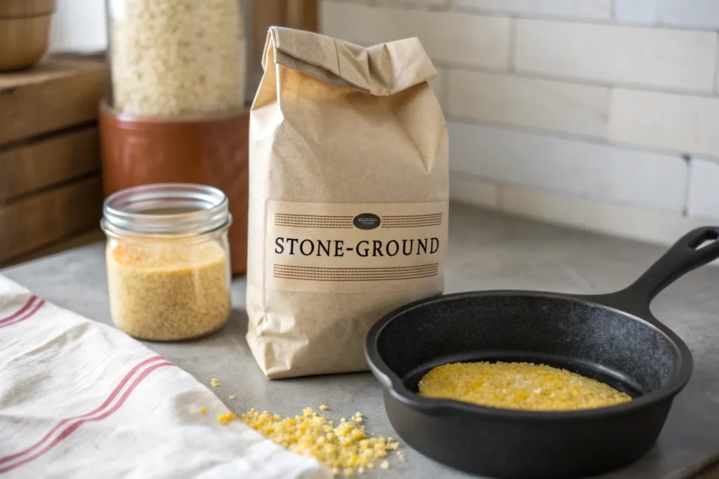 Stone-ground cornmeal and beef tallow next to a skillet.