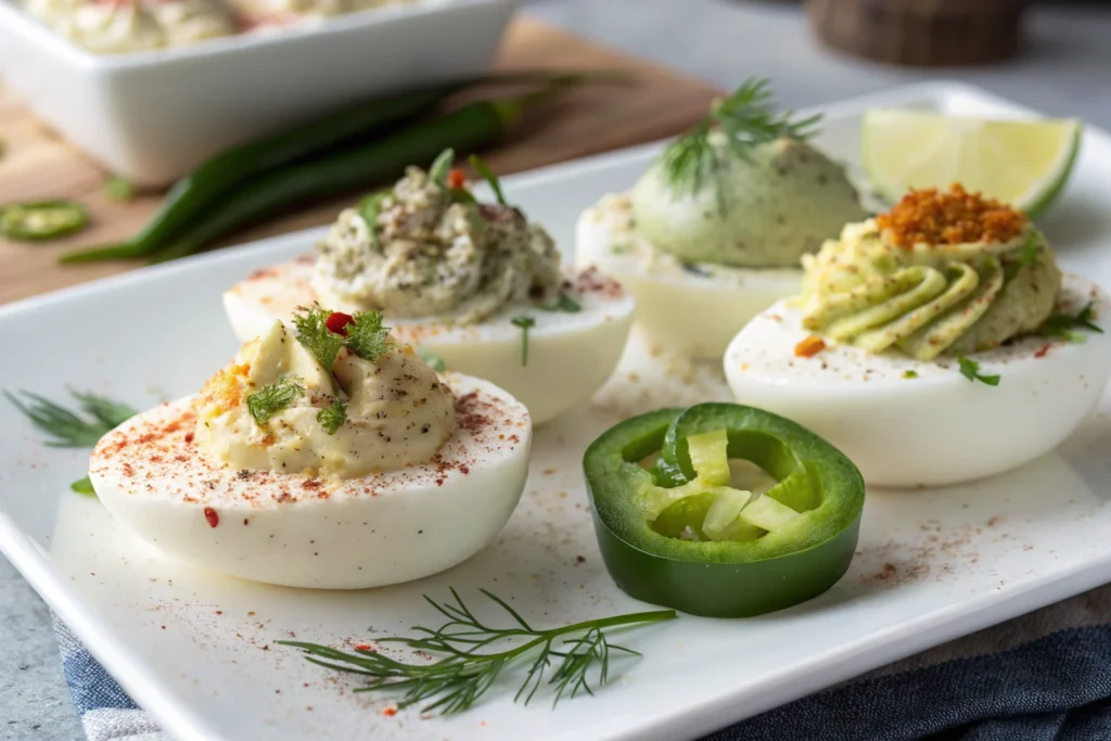 Deviled eggs with various fillings.