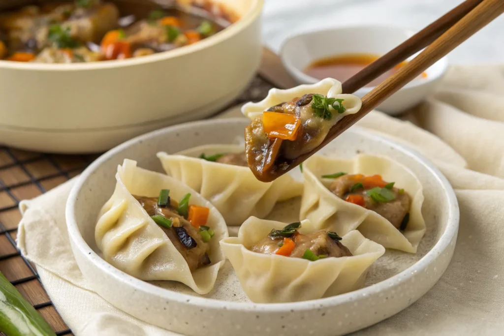 Wrapping vegetarian soup dumplings.