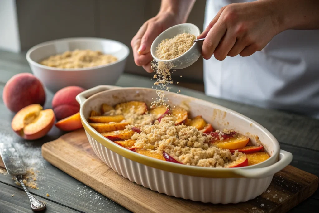 Adding crumble topping over peaches.