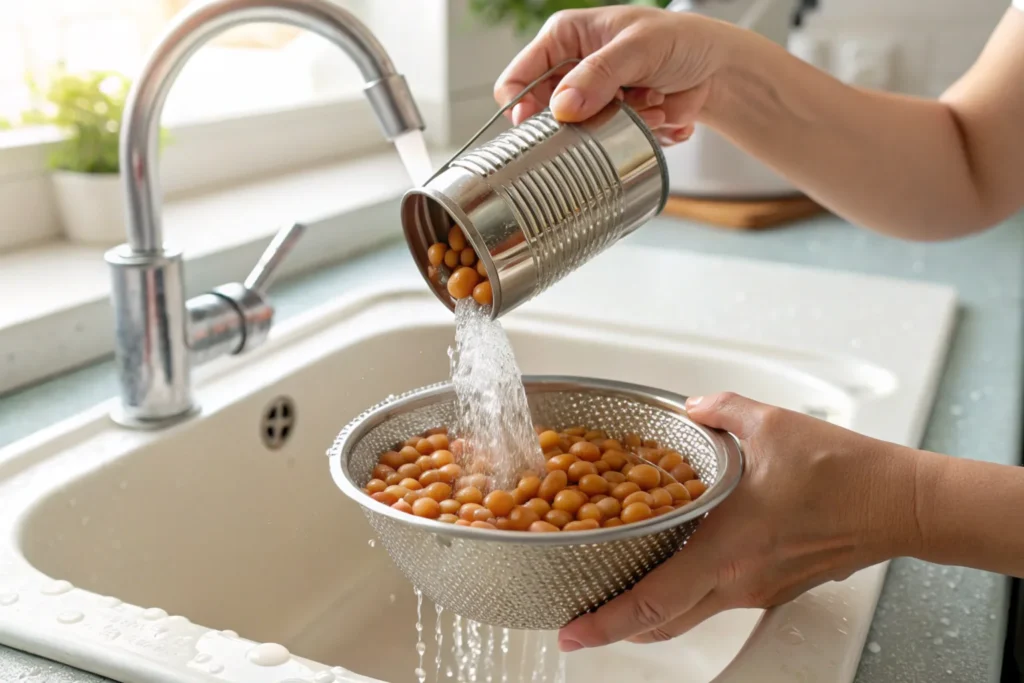 Canned beans being rinsed in a colander to reduce sodium.