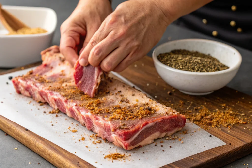 Applying dry rub to beef back ribs.