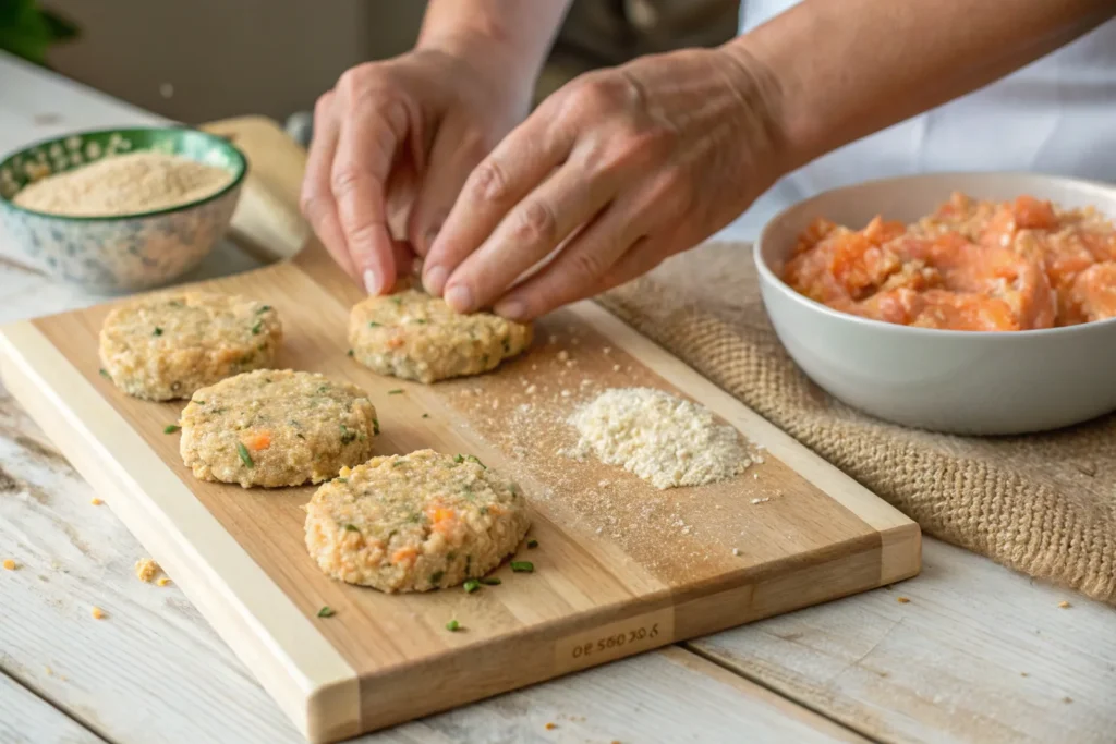 Hands shaping salmon patties on a cutting board.