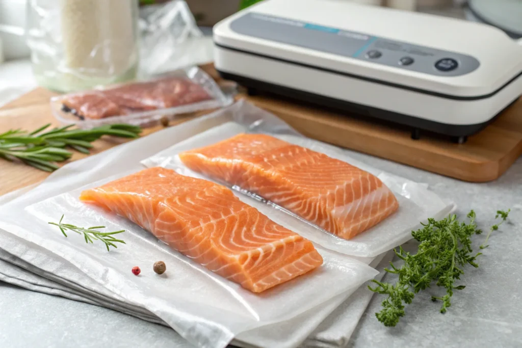 Wrapping salmon to avoid freezer burn.